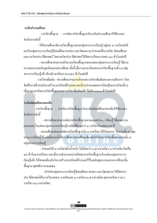 รหัส UTQ-101: หลักสูตร/ระเบียบการวัดประเมินผล




   ระดับประถมศึกษา
                   รายวิชาพื้นฐาน : การจัดรายวิชาพื้นฐานในระดับประถมศึกษาให้พิจารณา
  ดาเนินการดังนี้
               - ให้สถานศึกษาจัดรายวิชาพื้นฐานตามกลุ่มสาระการเรียนรู้ กลุ่มละ ๑ รายวิชาต่อปี
  ยกเว้นกลุ่มสาระการเรียนรู้สังคมศึกษา ศาสนา และวัฒนธรรม กาหนดเป็นรายวิชา สังคมศึกษา
  และรายวิชาประวัติศาสตร์ โดยรายวิชาประวัติศาสตร์ให้จัดการเรียนการสอน ๔๐ ชั่วโมงต่อปี
                 - สถานศึกษาสามารถปรับเวลาเรียนพื้นฐานของแต่ละกลุ่มสาระการเรียนรู้ ได้ตาม
  ความเหมาะสมกับจุดเน้นของสถานศึกษา ทั้งนี้ เมื่อรวมเวลาเรียนของรายวิชาพื้นฐานทั้ง ๘ กลุ่ม
  สาระการเรียนรู้แล้ว ต้องมีเวลาเรียนรวม ๘๔๐ ชั่วโมงต่อปี
              รายวิชาเพิมเติม: สถานศึกษาสามารถกาหนดรายวิชาเพิ่มเติมตามความต้องการ โดย
                         ่
  จัดเป็นรายปี ตามโครงสร้างเวลาเรียนที่กาหนด และมีการกาหนดผลการเรียนรู้ของรายวิชานั้นๆ
  เมื่อรวมเวลาเรียนรายวิชาพื้นฐานและรายวิชาเพิ่มเติมแล้ว ไม่เกิน ๑๐๐๐ ชั่วโมงต่อปี

  ระดับมัธยมศึกษาตอนต้น
               รายวิชาพื้นฐาน : การจัดรายวิชาพื้นฐานในระดับมัธยมศึกษาตอนต้นให้พิจารณา
  ดาเนินการดังนี้
                     - สถานศึกษาสามารถจัดรายวิชาพื้นฐานตามกลุ่มสาระการเรียนรู้ ได้ตามความ
  เหมาะสม ในแต่ละกลุ่มสาระการเรียนรู้อาจจัดได้มากกว่า ๑ รายวิชาในแต่ละภาค/ปี
                  - สถานศึกษาสามารถจัดรายวิชาพื้นฐานใน ๑ ภาคเรียน ให้เรียนครบ/ ไม่ครบทั้ง ๘ กลุ่ม
  สาระการเรียนรู้ได้ แต่เมื่อจบหนึ่งปีการศึกษา สถานศึกษาต้องจัดให้เรียนรายวิชาพื้นฐานครบทั้ง ๘
  กลุ่มสาระการเรียนรู้
                   - กาหนดให้ ๑ รายวิชามีค่าน้าหนัก ไม่น้อยกว่า ๐.๕ หน่วยกิต ( ๑ หน่วยกิต คิดเป็น
  ๔๐ ชั่วโมง/ภาคเรียน) และเมื่อรวมจานวนหน่วยกิตของรายวิชาพื้นฐานในแต่ละกลุ่มสาระการ
  เรียนรู้แล้ว ให้สอดคล้องกับโครงสร้างเวลาเรียนที่กาหนดไว้ในหลักสูตรแกนกลางการศึกษาขั้น
  พื้นฐาน พุทธศักราช ๒๕๕๑
                      - สาหรับกลุ่มสาระการเรียนรู้สังคมศึกษา ศาสนา และวัฒนธรรม ให้จัดสาระ
  ประวัติศาสตร์เป็นรายวิชาเฉพาะ ภาคเรียนละ ๑ รายวิชา (๐.๕ หน่วยกิต) ทุกภาคเรียน รวม ๖
  รายวิชา (๓.๐ หน่วยกิต)



                                                                                     18

   utqonlineโดยสานักงานคณะกรรมการการศึกษาขั้นพื้นฐาน กระทรวงศึกษาธิการ ญาตให้ใช้ได้ตามสัญญาอนุญาตของครีเอทีฟคอมมอนส์แบบ แสดงที่มา-ไม่ใช้เพื่อการค้า-อนุญาตแบบเดียวกัน ประเทศ
                                                                     อนุ                                                                                            3.0

                                                                                     ไทย.
 