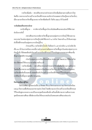 รหัส UTQ-101: หลักสูตร/ระเบียบการวัดประเมินผล


              รายวิชาเพิ่มเติม : สถานศึกษาสามารถกาหนดรายวิชาเพิ่มเติมตามความต้องการโดย
  จัดเป็น รายภาค ตามโครงสร้างเวลาเรียนที่กาหนด และมีการกาหนดผลการเรียนรู้ของรายวิชานั้นๆ
  เมื่อรวมเวลาเรียนรายวิชาพื้นฐานและรายวิชาเพิ่มเติมแล้ว ไม่เกิน ๑๒๐๐ ชั่วโมงต่อปี

  ระดับมัธยมศึกษาตอนปลาย
              รายวิชาพืนฐาน : การจัดรายวิชาพื้นฐานในระดับมัธยมศึกษาตอนปลายให้พิจารณา
                        ้
  ดาเนินการดังนี้
                     - สถานศึกษาสามารถจัดรายวิชาพื้นฐานตามกลุ่มสาระการเรียนรู้ ได้ตามความ
  เหมาะสม ในแต่ละกลุ่มสาระการเรียนรู้อาจจัดได้มากกว่า ๑ รายวิชา โดยภายใน ๓ ปี ต้องครบทุก
  ตัวชี้วัดที่กาหนดในกลุ่มสาระการเรียนรู้นั้นๆ
                     - กาหนดให้ ๑ รายวิชามีค่าน้าหนัก ไม่น้อยกว่า ๐.๕ หน่วยกิต ( ๑ หน่วยกิต คิด
  เป็น ๔๐ ชั่วโมง/ภาคเรียน) และเมื่อรวมจานวนหน่วยกิตของรายวิชาพื้นฐานในแต่ละกลุ่มสาระการ
  เรียนรู้แล้ว ให้สอดคล้องกับโครงสร้างเวลาเรียนที่กาหนดไว้ในหลักสูตรแกนกลางการศึกษาขั้น
  พื้นฐาน พุทธศักราช ๒๕๕๑
                      - สาหรับกลุ่มสาระการเรียนรู้สังคมศึกษา ศาสนา และวัฒนธรรม ให้จัดรายวิชา
  ประวัติศาสตร์ให้ครบ ๒ หน่วยกิต ภายใน ๓ ปี
                รายวิชาเพิมเติม : สถานศึกษาสามารถกาหนดรายวิชาเพิ่มเติมได้ตามความต้องการ
                          ่
  โดยจัดเป็นรายภาค และมีการกาหนดผลการเรียนรู้ของรายวิชานั้นๆ ทั้งนี้เมื่อรวมเวลาเรียนของ
  รายวิชาเพิ่มเติมทั้งหมดแล้ว สอดคล้องกับโครงสร้างเวลาเรียนที่กาหนดไว้ในหลักสูตรแกนกลาง
  การศึกษาขั้นพื้นฐาน พุทธศักราช ๒๕๕๑

  กิจกรรมพัฒนาผู้เรียน
          กิจกรรมพัฒนาผู้เรียนแบ่งเป็น ๓ ลักษณะ คือ ๑) กิจกรรมแนะแนว ๒) กิจกรรมนักเรียน
  และ๓) กิจกรรมเพื่อสังคมและสาธารณประโยชน์ โดยพิจารณาจากโครงสร้างเวลาเรียนที่กาหนด
  ไว้ในหลักสูตรแกนกลาง และเป้าหมาย/จุดเน้นของท้องถิ่น พร้อมทั้งพิจารณาความต้องการและ
  จุดเน้นของสถานศึกษา เพื่อจัดเวลาเรียนให้เหมาะสมกับบริบทของสถานศึกษาแต่ละแห่ง




                                                                                     19

   utqonlineโดยสานักงานคณะกรรมการการศึกษาขั้นพื้นฐาน กระทรวงศึกษาธิการ ญาตให้ใช้ได้ตามสัญญาอนุญาตของครีเอทีฟคอมมอนส์แบบ แสดงที่มา-ไม่ใช้เพื่อการค้า-อนุญาตแบบเดียวกัน ประเทศ
                                                                     อนุ                                                                                            3.0

                                                                                     ไทย.
 