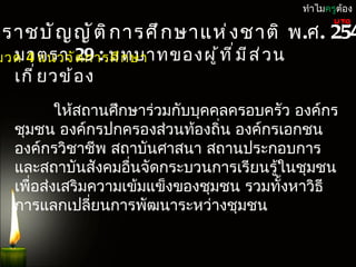 ทำำไมครูต้อง

ะรำชบั ญ ญั ต ิ ก ำรศึ ก ษำแห่ ง ชำติ พ.ศ. 254
                                                         UTQ


มวด 4 แนวจั 29 : บทบำทของผู ้ ท ี ่ ม ี ส ่ ว น
  มำตรำ ด กำรศึ ก ษำ
   เกี ่ ย วข้ อ ง
           ให้สถำนศึกษำร่วมกับบุคคลครอบครัว องค์กร
   ชุมชน องค์กรปกครองส่วนท้องถิ่น องค์กรเอกชน
   องค์กรวิชำชีพ สถำบันศำสนำ สถำนประกอบกำร
   และสถำบันสังคมอื่นจัดกระบวนกำรเรียนรู้ในชุมชน
   เพื่อส่งเสริมควำมเข้มแข็งของชุมชน รวมทั้งหำวิธี
   กำรแลกเปลี่ยนกำรพัฒนำระหว่ำงชุมชน
 