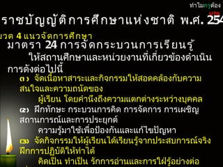 ทำำไมครูต้อง

ะรำชบั ญ ญั ต ิ ก ำรศึ ก ษำแห่ ง ชำติ พ.ศ. 254
                                                           UTQ


มวด 4 แนวจั ด กำรศึ ก ษำ
  มำตรำ 24 กำรจั ด กระบวนกำรเรี ย นรู ้
      ให้สถำนศึกษำและหน่วยงำนที่เกี่ยวข้องดำำเนิน
  กำรดังต่อไปนี้
     (1 ) จัดเนือหำสำระและกิจกรรมให้สอดคล้องกับควำม
                 ้
     สนใจและควำมถนัดของ
           ผู้เรียน โดยคำำนึงถึงควำมแตกต่ำงระหว่ำงบุคคล
     (2) ฝึกทักษะ กระบวนกำรคิด กำรจัดกำร กำรเผชิญ
     สถำนกำรณ์และกำรประยุกต์
           ควำมรู้มำใช้เพือป้องกันและแก้ไขปัญหำ
                           ่
     (3) จัดกิจกรรมให้ผู้เรียนได้เรียนรู้จำกประสบกำรณ์จริง
     ฝึกกำรปฏิบัติให้ทำำได้
           คิดเป็น ทำำเป็น รักกำรอ่ำนและกำรใฝ่รู้อย่ำงต่อ
 