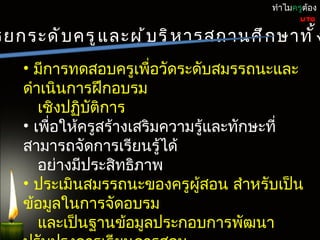 ทำำไมครูต้อง
                                                UTQ

รยกระดั บ ครู แ ละผู ้ บ ริ ห ำรสถำนศึ ก ษำทั ้ ง
    • มีกำรทดสอบครูเพื่อวัดระดับสมรรถนะและ
    ดำำเนินกำรฝึกอบรม
       เชิงปฏิบัติกำร
    • เพื่อให้ครูสร้ำงเสริมควำมรู้และทักษะที่
    สำมำรถจัดกำรเรียนรู้ได้
       อย่ำงมีประสิทธิภำพ
    • ประเมินสมรรถนะของครูผสอน สำำหรับเป็น
                                ู้
    ข้อมูลในกำรจัดอบรม
       และเป็นฐำนข้อมูลประกอบกำรพัฒนำ
 