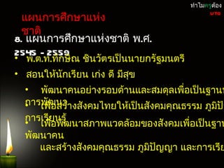 ทำำไมครูต้อง

 แผนกำรศึกษำแห่ง
                                                UTQ


 ชำติ
8. แผนกำรศึกษำแห่งชำติ พ.ศ.
2545 - 2559
• พ.ต.ท.ทักษิณ ชินวัตรเป็นนำยกรัฐมนตรี
• สอนให้นักเรียน เก่ง ดี มีสข
                            ุ
  • พัฒนำคนอย่ำงรอบด้ำนและสมดุลเพื่อเป็นฐำนห
  กำรพัฒนำำงสังคมไทยให้เป็นสังคมคุณธรรม ภูมปัญ
  • เพื่อสร้                               ิ
  กำรเรียนรู้
  • เพื่อพัฒนำสภำพแวดล้อมของสังคมเพื่อเป็นฐำน
  พัฒนำคน
     และสร้ำงสังคมคุณธรรม ภูมิปญญำ และกำรเรีย
                               ั
 
