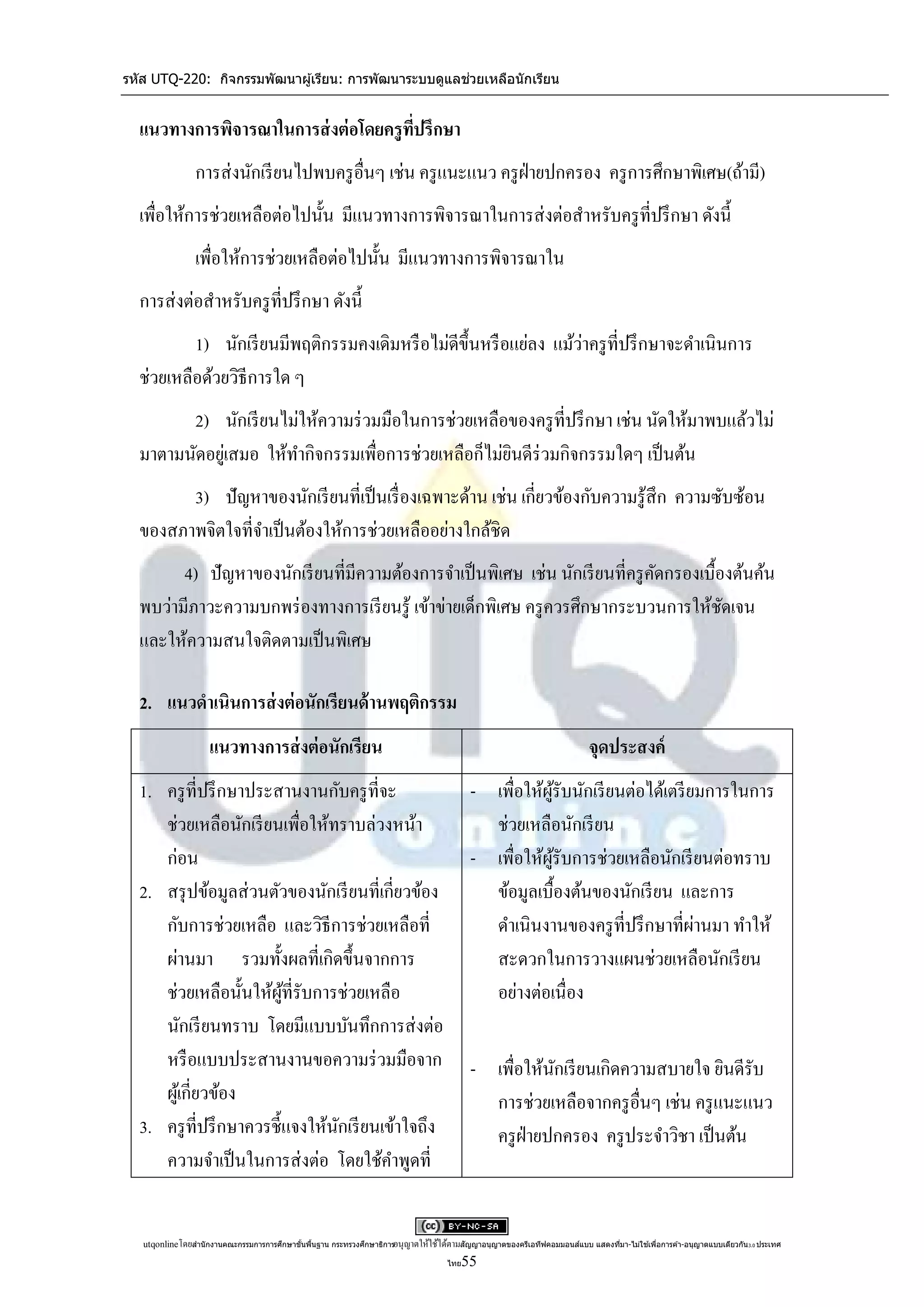 รหัส UTQ-220: กิจกรรมพัฒนาผู ้เรียน: การพัฒนาระบบดูแลช่วยเหลือนักเรียน


  แนวทางการพิจารณาในการส่ งต่ อโดยครู ทปรึกษา
                                       ี่
                 การส่ งนักเรี ยนไปพบครู อื่นๆ เช่น ครู แนะแนว ครู ฝ่ายปกครอง ครู การศึกษาพิเศษ(ถ้ามี)
  เพื่อให้การช่วยเหลือต่อไปนั้น มีแนวทางการพิจารณาในการส่ งต่อสาหรับครู ท่ีปรึ กษา ดังนี้
                 เพื่อให้การช่วยเหลือต่อไปนั้น มีแนวทางการพิจารณาใน
  การส่ งต่อสาหรับครู ที่ปรึ กษา ดังนี้
                                                                    ่
          1) นักเรี ยนมีพฤติกรรมคงเดิมหรื อไม่ดีข้ ึนหรื อแย่ลง แม้วาครู ที่ปรึ กษาจะดาเนินการ
  ช่วยเหลือด้วยวิธีการใด ๆ
        2) นักเรี ยนไม่ให้ความร่ วมมือในการช่วยเหลือของครู ที่ปรึ กษา เช่น นัดให้มาพบแล้วไม่
  มาตามนัดอยูเ่ สมอ ให้ทากิจกรรมเพื่อการช่วยเหลือก็ไม่ยนดีร่วมกิจกรรมใดๆ เป็ นต้น
                                                       ิ
        3) ปั ญหาของนักเรี ยนที่เป็ นเรื่ องเฉพาะด้าน เช่น เกี่ยวข้องกับความรู ้สึก ความซับซ้อน
  ของสภาพจิตใจที่จาเป็ นต้องให้การช่วยเหลืออย่างใกล้ชิด
        4) ปั ญหาของนักเรี ยนที่มีความต้องการจาเป็ นพิเศษ เช่น นักเรี ยนที่ครู คดกรองเบื้องต้นค้น
                                                                                ั
  พบว่ามีภาวะความบกพร่ องทางการเรี ยนรู ้ เข้าข่ายเด็กพิเศษ ครู ควรศึกษากระบวนการให้ชดเจน ั
  และให้ความสนใจติดตามเป็ นพิเศษ

  2. แนวดาเนินการส่ งต่ อนักเรียนด้ านพฤติกรรม
                     แนวทางการส่ งต่ อนักเรียน                                                                               จุดประสงค์
  1. ครู ที่ปรึ กษาประสานงานกับครู ที่จะ                                                    - เพื่อให้ผรับนักเรี ยนต่อได้เตรี ยมการในการ
                                                                                                       ู้
     ช่วยเหลือนักเรี ยนเพื่อให้ทราบล่วงหน้า                                                   ช่วยเหลือนักเรี ยน
     ก่อน                                                                                   - เพื่อให้ผรับการช่วยเหลือนักเรี ยนต่อทราบ
                                                                                                       ู้
  2. สรุ ปข้อมูลส่ วนตัวของนักเรี ยนที่เกี่ยวข้อง                                             ข้อมูลเบื้องต้นของนักเรี ยน และการ
     กับการช่วยเหลือ และวิธีการช่วยเหลือที่                                                                                    ่
                                                                                              ดาเนินงานของครู ที่ปรึ กษาที่ผานมา ทาให้
     ผ่านมา รวมทั้งผลที่เกิดขึ้นจากการ                                                        สะดวกในการวางแผนช่วยเหลือนักเรี ยน
     ช่วยเหลือนั้นให้ผที่รับการช่วยเหลือ
                         ู้                                                                   อย่างต่อเนื่อง
     นักเรี ยนทราบ โดยมีแบบบันทึกการส่ งต่อ
     หรื อแบบประสานงานขอความร่ วมมือจาก                                                     - เพื่อให้นกเรี ยนเกิดความสบายใจ ยินดีรับ
                                                                                                       ั
     ผูเ้ กี่ยวข้อง                                                                           การช่วยเหลือจากครู อื่นๆ เช่น ครู แนะแนว
  3. ครู ที่ปรึ กษาควรชี้แจงให้นกเรี ยนเข้าใจถึง
                                ั                                                             ครู ฝ่ายปกครอง ครู ประจาวิชา เป็ นต้น
     ความจาเป็ นในการส่ งต่อ โดยใช้คาพูดที่


   utqonlineโดยสานั กงานคณะกรรมการการศึกษาขันพืนฐาน กระทรวงศึกษาธิการอนุ ญาตให้ใช้ได้ตามสัญญาอนุญาตของครีเอทีฟคอมมอนส์แบบ แสดงทีมา-ไม่ใช ้เพือการค ้า-อนุญาตแบบเดียวกัน 3.0 ประเทศ
                                            ้ ้                                                                                 ่            ่

                                                                                      ไทย 55
 
