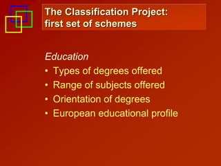 The Classification Project:
first set of schemes


Education
• Types of degrees offered
• Range of subjects offered
• Orientation of degrees
• European educational profile
 