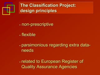 The Classification Project:
design principles


non-prescriptive

flexible

parsimonious regarding extra data-
needs

related to European Register of
Quality Assurance Agencies
 