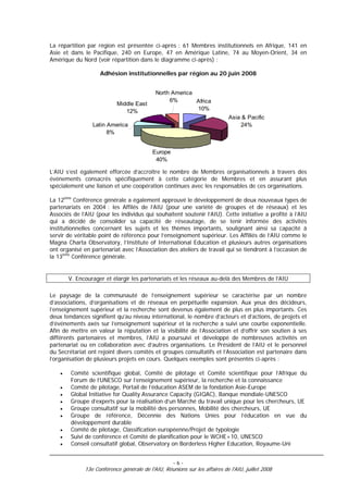 La répartition par région est présentée ci-après : 61 Membres institutionnels en Afrique, 141 en
Asie et dans le Pacifique, 240 en Europe, 47 en Amérique Latine, 74 au Moyen-Orient, 34 en
Amérique du Nord (voir répartition dans le diagramme ci-après) :

                    Adhésion institutionnelles par région au 20 juin 2008


                                             North America
                                                  6%       Africa
                            Middle East
                               12%                         10%
                                                                             Asia & Pacific
                 Latin America                                                   24%
                       8%


                                           Europe
                                            40%

L’AIU s’est également efforcée d’accroître le nombre de Membres organisationnels à travers des
événements consacrés spécifiquement à cette catégorie de Membres et en assurant plus
spécialement une liaison et une coopération continues avec les responsables de ces organisations.

La 12ème Conférence générale a également approuvé le développement de deux nouveaux types de
partenariats en 2004 : les Affilés de l’AIU (pour une variété de groupes et de réseaux) et les
Associés de l’AIU (pour les individus qui souhaitent soutenir l’AIU). Cette initiative a profité à l’AIU
qui a décidé de consolider sa capacité de réseautage, de se tenir informée des activités
institutionnelles concernant les sujets et les thèmes importants, soulignant ainsi sa capacité à
servir de véritable point de référence pour l’enseignement supérieur. Les Affiliés de l’AIU comme le
Magna Charta Observatory, l’Institute of International Education et plusieurs autres organisations
ont organisé en partenariat avec l’Association des ateliers de travail qui se tiendront à l’occasion de
la 13ème Conférence générale.


        V. Encourager et élargir les partenariats et les réseaux au-delà des Membres de l’AIU

Le paysage de la communauté de l’enseignement supérieur se caractérise par un nombre
d’associations, d’organisations et de réseaux en perpétuelle expansion. Aux yeux des décideurs,
l’enseignement supérieur et la recherche sont devenus également de plus en plus importants. Ces
deux tendances signifient qu’au niveau international, le nombre d’acteurs et d’actions, de projets et
d’événements axés sur l’enseignement supérieur et la recherche a suivi une courbe exponentielle.
Afin de mettre en valeur la réputation et la visibilité de l’Association et d’offrir son soutien à ses
différents partenaires et membres, l’AIU a poursuivi et développé de nombreuses activités en
partenariat ou en collaboration avec d’autres organisations. Le Président de l’AIU et le personnel
du Secrétariat ont rejoint divers comités et groupes consultatifs et l’Association est partenaire dans
l’organisation de plusieurs projets en cours. Quelques exemples sont présentés ci-après :

    •   Comité scientifique global, Comité de pilotage et Comité scientifique pour l’Afrique du
        Forum de l’UNESCO sur l’enseignement supérieur, la recherche et la connaissance
    •   Comité de pilotage, Portail de l’éducation ASEM de la fondation Asie-Europe
    •   Global Initiative for Quality Assurance Capacity (GIQAC), Banque mondiale-UNESCO
    •   Groupe d’experts pour la réalisation d’un Marché du travail unique pour les chercheurs, UE
    •   Groupe consultatif sur la mobilité des personnes, Mobilité des chercheurs, UE
    •   Groupe de référence, Décennie des Nations Unies pour l’éducation en vue du
        développement durable
    •   Comité de pilotage, Classification européenne/Projet de typologie
    •   Suivi de conférence et Comité de planification pour le WCHE+10, UNESCO
    •   Conseil consultatif global, Observatory on Borderless Higher Education, Royaume-Uni


                                                    -6-
              13e Conférence générale de l'AIU, Réunions sur les affaires de l'AIU, juillet 2008
 
