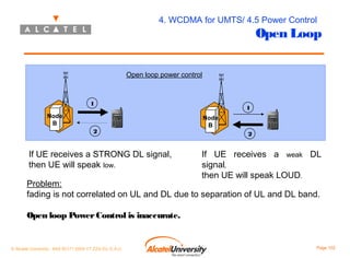 4. WCDMA for UMTS/ 4.5 Power Control

Open Loop

Open loop power control

1
Node
B
2

If UE receives a STRONG DL signal,
then UE will speak low.

1
Node
B
2

If UE receives a weak DL
signal,
then UE will speak LOUD.

Problem:
fading is not correlated on UL and DL due to separation of UL and DL band.
Open loop Power Control is inaccurate.

© Alcatel University - 8AS 90171 0004 VT ZZA Ed. E.A.U

Page 102

 