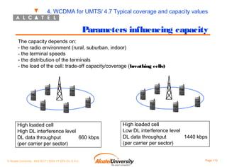 4. WCDMA for UMTS/ 4.7 Typical coverage and capacity values

Parameters influencing capacity
The capacity depends on:
- the radio environment (rural, suburban, indoor)
- the terminal speeds
- the distribution of the terminals
- the load of the cell: trade-off capacity/coverage (breathing cells)

High loaded cell
High DL interference level
DL data throughput
660 kbps
(per carrier per sector)
© Alcatel University - 8AS 90171 0004 VT ZZA Ed. E.A.U

High loaded cell
Low DL interference level
DL data throughput
1440 kbps
(per carrier per sector)
Page 113

 