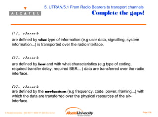 5. UTRAN/5.1 From Radio Bearers to transport channels

Complete the gaps!

(1 ) … c ha nne ls
are defined by what type of information (e.g user data, signalling, system
information...) is transported over the radio interface.
(2 ) … c ha nne ls
are defined by how and with what characteristics (e.g type of coding,
required transfer delay, required BER... ) data are transferred over the radio
interface.
(3 ) … c ha nne ls
are defined by the mechanisms (e.g frequency, code, power, framing...) with
which the data are transferred over the physical resources of the airinterface.
© Alcatel University - 8AS 90171 0004 VT ZZA Ed. E.A.U

Page 136

 