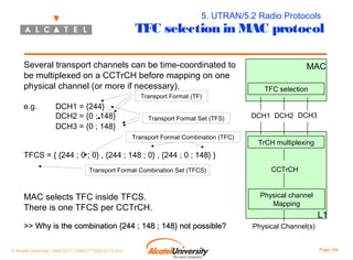 5. UTRAN/5.2 Radio Protocols

TFC selection in MAC protocol
Several transport channels can be time-coordinated to
be multiplexed on a CCTrCH before mapping on one
physical channel (or more if necessary).
Transport Format (TF)

e.g.

DCH1 = {244}
DCH2 = {0 ; 148}
DCH3 = {0 ; 148}

Transport Format Set (TFS)
Transport Format Combination (TFC)

MAC
TFC selection
DCH1 DCH2 DCH3
TrCH multiplexing

TFCS = { {244 ; 0 ; 0} , {244 ; 148 ; 0} , {244 ; 0 ; 148} }
Transport Format Combination Set (TFCS)

MAC selects TFC inside TFCS.
There is one TFCS per CCTrCH.
>> Why is the combination {244 ; 148 ; 148} not possible?
© Alcatel University - 8AS 90171 0004 VT ZZA Ed. E.A.U

CCTrCH
Physical channel
Mapping

L1
Physical Channel(s)
Page 144

 