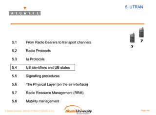 5. UTRAN

5.1

From Radio Bearers to transport channels

5.2

Radio Protocols

5.3

Iu Protocols

5.4

UE identifiers and UE states

5.5

Signalling procedures

5.6

The Physical Layer (on the air interface)

5.7

Radio Resource Management (RRM)

5.8

?

Mobility management

© Alcatel University - 8AS 90171 0004 VT ZZA Ed. E.A.U

?

Page 154

 