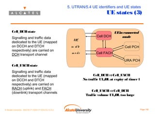 5. UTRAN/5.4 UE identifiers and UE states

UE states (3)

Cell_DCH state
Signalling and traffic data
dedicated to the UE (mapped
on DCCH and DTCH
respectively) are carried on
DCH transport channel

UE

UEin connected
Cell DCH
m
ode
Cell PCH

in id le
m o de

Cell FACH
URA PCH

Cell_FACH state
Signalling and traffic data
dedicated to the UE (mapped
on DCCH and DTCH
respectively) are carried on
RACH (uplink) and FACH
(downlink) transport channels

© Alcatel University - 8AS 90171 0004 VT ZZA Ed. E.A.U

Cell_DCH ⇒Cell_FACH
No traffic UL/ at expiry of timer 1
DL
Cell_FACH ⇒Cell_DCH
Traffic volume UL/ too large
DL

Page 158

 