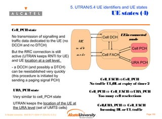 5. UTRAN/5.4 UE identifiers and UE states

UE states (4)

Cell_PCH state
No transmission of signalling and
traffic data dedicated to the UE (no
DCCH and no DTCH)
But the RRC connection is still
active (UTRAN keeps RNTI for UE)
and UE location at a cell level.

UE

URA_PCH state
Very similar to cell_PCH state
UTRAN keeps the location of the UE at
the URA level (set of UMTS cells)

m o de

UEin connected
m
ode
Cell PCH

in id le

- a DCCH (and possibly a DTCH)
can be reestablished very quickly
(this procedure is initiated by
sending a paging signal PCH)

© Alcatel University - 8AS 90171 0004 VT ZZA Ed. E.A.U

Cell DCH

Cell FACH
URA PCH

Cell_FACH ⇒Cell_PCH
No traffic UL/ at expiry of timer 2
DL
Cell_PCH ⇒ Cell_FACH ⇒URA_PCH
Too many cell reselections
Cell/
URA_PCH ⇒ Cell_FACH
Incoming DL or UL traffic
Page 159

 
