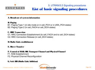 5. UTRAN/5.5 Signaling procedures

List of basic signaling procedures
A. Broadcast of system information
B. Paging
B1. Paging Type 1 (in idle mode or in cell_PCH or in URA_PCH states)
B2. Paging Type 2 (in cell_FACH or cell_DCH states)
C. RRC Connection
C1. RRC Connection Establishment (to cell_FACH and to cell_DCH states)
C2. RRC Connection Release (in cell_DCH states)
D. Radio Link establishment
E. Direct Transfer
F. Control of RAB, RB, Transport Channel and Physical Channel
F1. RAB Establishment
F2. Physical Channel Reconfiguration
G. Soft HO (Radio Link Addition)
© Alcatel University - 8AS 90171 0004 VT ZZA Ed. E.A.U

Page 162

 
