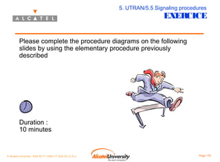 5. UTRAN/5.5 Signaling procedures

EXERCICE

Please complete the procedure diagrams on the following
slides by using the elementary procedure previously
described

Duration :
10 minutes

© Alcatel University - 8AS 90171 0004 VT ZZA Ed. E.A.U

Page 178

 