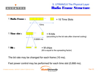 5. UTRAN/5.6 The Physical Layer

Radio Frame Structure
…

1 Radio Frame :

= 15 Time Slots

10ms

….

1 Time slot :

= N bits

(according to the bit rate after channel coding)
0.6666 ms

1 Bit :

..

= M chips

(M is equal to the spreading factor)

The bit rate may be changed for each frame (10 ms).
Fast power control may be performed for each time slot (0,666 ms).
© Alcatel University - 8AS 90171 0004 VT ZZA Ed. E.A.U

Page 183

 