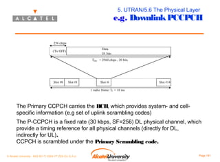 5. UTRAN/5.6 The Physical Layer

e.g. Downlink PCCPCH
256 chips
Data
18 bits

( Tx OFF)

Tslot = 2560 chips , 20 bits

Slot #0

Slot #1

Slot #i

Slot #14

1 radio frame: Tf = 10 ms

The Primary CCPCH carries the BCH, which provides system- and cellspecific information (e.g set of uplink scrambling codes)
The P-CCPCH is a fixed rate (30 kbps, SF=256) DL physical channel, which
provide a timing reference for all physical channels (directly for DL,
indirectly for UL).
CCPCH is scrambled under the Primary Scrambling code.
© Alcatel University - 8AS 90171 0004 VT ZZA Ed. E.A.U

Page 191

 