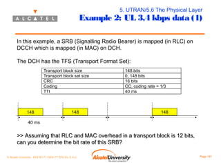 5. UTRAN/5.6 The Physical Layer

Example 2: UL 3,4 kbps data (1)
In this example, a SRB (Signalling Radio Bearer) is mapped (in RLC) on
DCCH which is mapped (in MAC) on DCH.
The DCH has the TFS (Transport Format Set):
Transport block size
Transport block set size
CRC
Coding
TTI

148

148

148 bits
0, 148 bits
16 bits
CC, coding rate = 1/3
40 ms

148

40 ms

>> Assuming that RLC and MAC overhead in a transport block is 12 bits,
can you determine the bit rate of this SRB?
© Alcatel University - 8AS 90171 0004 VT ZZA Ed. E.A.U

Page 197

 