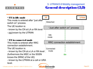 5. UTRAN/5.8 Mobility management

General description (2/
2)
• UE in idle mode

This mode is entered after “just after
switch on” process.
The UE location is:
- known by the CN at LA or RA level
- not known by the UTRAN

• UE in connected mode

UE

UTRAN

Detached

“Just after switch on” process
Idle
mode

RRC connection establishment
This mode is entered after RRC
connection establishment.
The UE location is:
Connected
mode
- known by the CN at a LA or RA level
(furthermore the MSC or the SGSN
Uu
knows the SRNC of the UE)
- known by the UTRAN at a cell or URA
level.
© Alcatel University - 8AS 90171 0004 VT ZZA Ed. E.A.U

Page 207

 