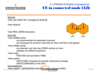 5. UTRAN/5.8 Mobility management

UE in connected mode (2/
3)
Soft HO
•inter-cell (softer HO, managed by Node-B)
•inter Node-B
•inter-RNC (SRNS relocation)
Hard HO
cell 1
cell 2
•intra CDMA-carrier
not recommended for dedicated channels,
but necessary for common channels for which soft HO is not applied
•inter CDMA-carrier
one operator can have two CDMA carriers or more
between two different operators
•inter-mode
FDD-TDD (not provided in R99)
•inter-system
UMTS-GSM: necessary to provide continuous coverage
UMTS-CDMA2000 (in the US?)
Cell reselection
•Inter-system : UMTS/GPRS (inter/intra carrier, inter/intra RNC)
© Alcatel University - 8AS 90171 0004 VT ZZA Ed. E.A.U

Page 211

 