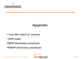 Appendix
• “Just after switch on” process
• AMR codec
•NBAP elementary procedures
•RANAP elementary procedures

© Alcatel University - 8AS 90171 0004 VT ZZA Ed. E.A.U

Page 214

 