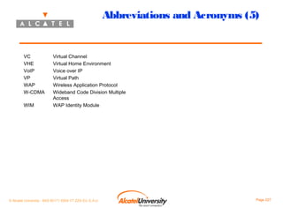 Abbreviations and Acronyms (5)

VC
VHE
VoIP
VP
WAP
W-CDMA
WIM

Virtual Channel
Virtual Home Environment
Voice over IP
Virtual Path
Wireless Application Protocol
Wideband Code Division Multiple
Access
WAP Identity Module

© Alcatel University - 8AS 90171 0004 VT ZZA Ed. E.A.U

Page 227

 