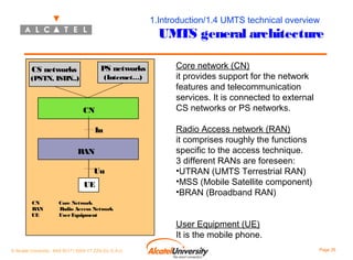 1.Introduction/1.4 UMTS technical overview

UMTS general architecture

PS networks

CS networks

(Internet…)

(PSTN, ISDN..)

CN
Iu
RAN
Uu
UE
CN
RAN
UE

Core Network
Radio Access Network
User Equipment

© Alcatel University - 8AS 90171 0004 VT ZZA Ed. E.A.U

Core network (CN)
it provides support for the network
features and telecommunication
services. It is connected to external
CS networks or PS networks.
Radio Access network (RAN)
it comprises roughly the functions
specific to the access technique.
3 different RANs are foreseen:
•UTRAN (UMTS Terrestrial RAN)
•MSS (Mobile Satellite component)
•BRAN (Broadband RAN)
User Equipment (UE)
It is the mobile phone.
Page 26

 