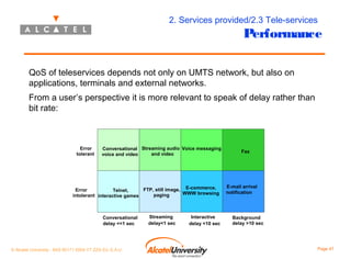 2. Services provided/2.3 Tele-services

Performance

QoS of teleservices depends not only on UMTS network, but also on
applications, terminals and external networks.
From a user’s perspective it is more relevant to speak of delay rather than
bit rate:

Error
tolerant

Conversational Streaming audio Voice messaging
and video
voice and video

FTP, still image, E-commerce,
Error
Telnet,
WWW browsing
paging
intolerant interactive games

Conversational
delay <<1 sec

© Alcatel University - 8AS 90171 0004 VT ZZA Ed. E.A.U

Streaming
delay<1 sec

Interactive
delay <10 sec

Fax

E-mail arrival
notification

Background
delay >10 sec

Page 47

 