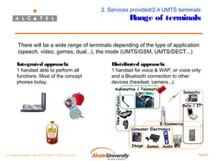 2. Services provided/2.4 UMTS terminals

Range of terminals

There will be a wide range of terminals depending of the type of application
(speech, video, games, dual...), the mode (UMTS/GSM, UMTS/DECT...)
Integrated approach:

1 handset able to perform all
functions. Most of the concept
phones today.

Distributed approach:

1 handset for voice & WAP, or voice only
and a Bluetooth connection to other
devices (headset, camera...).
New interfaces

Automotive / Telematics PS
G

Data / IT

E-Commerce
Consumer Electronics

Image
© Alcatel University - 8AS 90171 0004 VT ZZA Ed. E.A.U

Domestic

Games Audio
Page 52

 