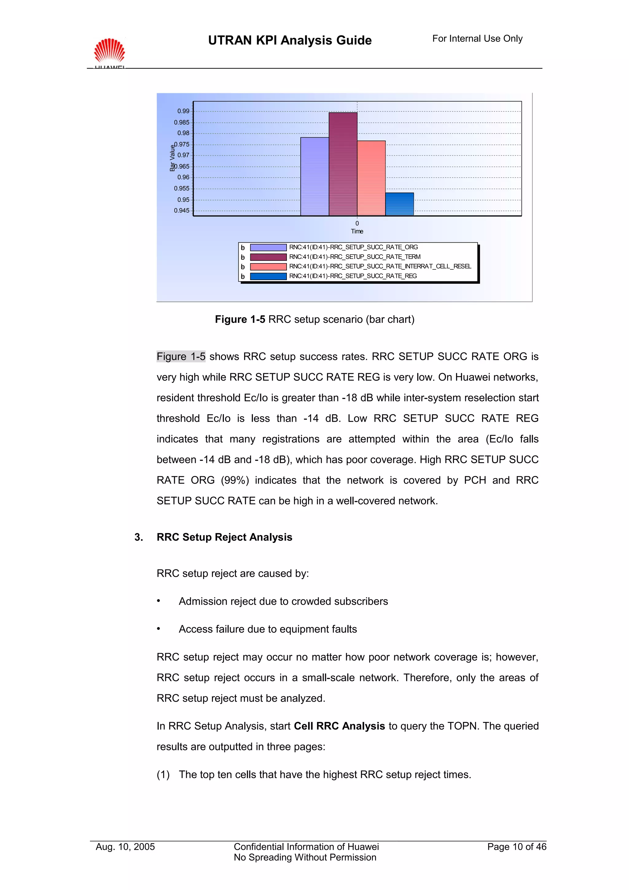 UTRAN KPI Analysis Guide                                 For Internal Use Only




                                0.99
                          0.985
                                0.98
                          0.975



                    Bar Value
                                0.97
                          0.965
                                0.96
                          0.955
                                0.95
                          0.945

                                                                          0
                                                                        Time

                                             b
                                             c
                                             d
                                             e
                                             f
                                             g         RNC:41(ID:41)-RRC_SETUP_SUCC_RATE_ORG
                                             b
                                             c
                                             d
                                             e
                                             f
                                             g         RNC:41(ID:41)-RRC_SETUP_SUCC_RATE_TERM
                                             b
                                             c
                                             d
                                             e
                                             f
                                             g         RNC:41(ID:41)-RRC_SETUP_SUCC_RATE_INTERRAT_CELL_RESEL
                                             b
                                             c
                                             d
                                             e
                                             f
                                             g         RNC:41(ID:41)-RRC_SETUP_SUCC_RATE_REG




                                        Figure 1-5 RRC setup scenario (bar chart)


                Figure 1-5 shows RRC setup success rates. RRC SETUP SUCC RATE ORG is
                very high while RRC SETUP SUCC RATE REG is very low. On Huawei networks,
                resident threshold Ec/Io is greater than -18 dB while inter-system reselection start
                threshold Ec/Io is less than -14 dB. Low RRC SETUP SUCC RATE REG
                indicates that many registrations are attempted within the area (Ec/Io falls
                between -14 dB and -18 dB), which has poor coverage. High RRC SETUP SUCC
                RATE ORG (99%) indicates that the network is covered by PCH and RRC
                SETUP SUCC RATE can be high in a well-covered network.


        3.      RRC Setup Reject Analysis


                RRC setup reject are caused by:

                               Admission reject due to crowded subscribers

                               Access failure due to equipment faults

                RRC setup reject may occur no matter how poor network coverage is; however,
                RRC setup reject occurs in a small-scale network. Therefore, only the areas of
                RRC setup reject must be analyzed.

                In RRC Setup Analysis, start Cell RRC Analysis to query the TOPN. The queried
                results are outputted in three pages:

                (1) The top ten cells that have the highest RRC setup reject times.




Aug. 10, 2005                              Confidential Information of Huawei                                  Page 10 of 46
                                           No Spreading Without Permission
 