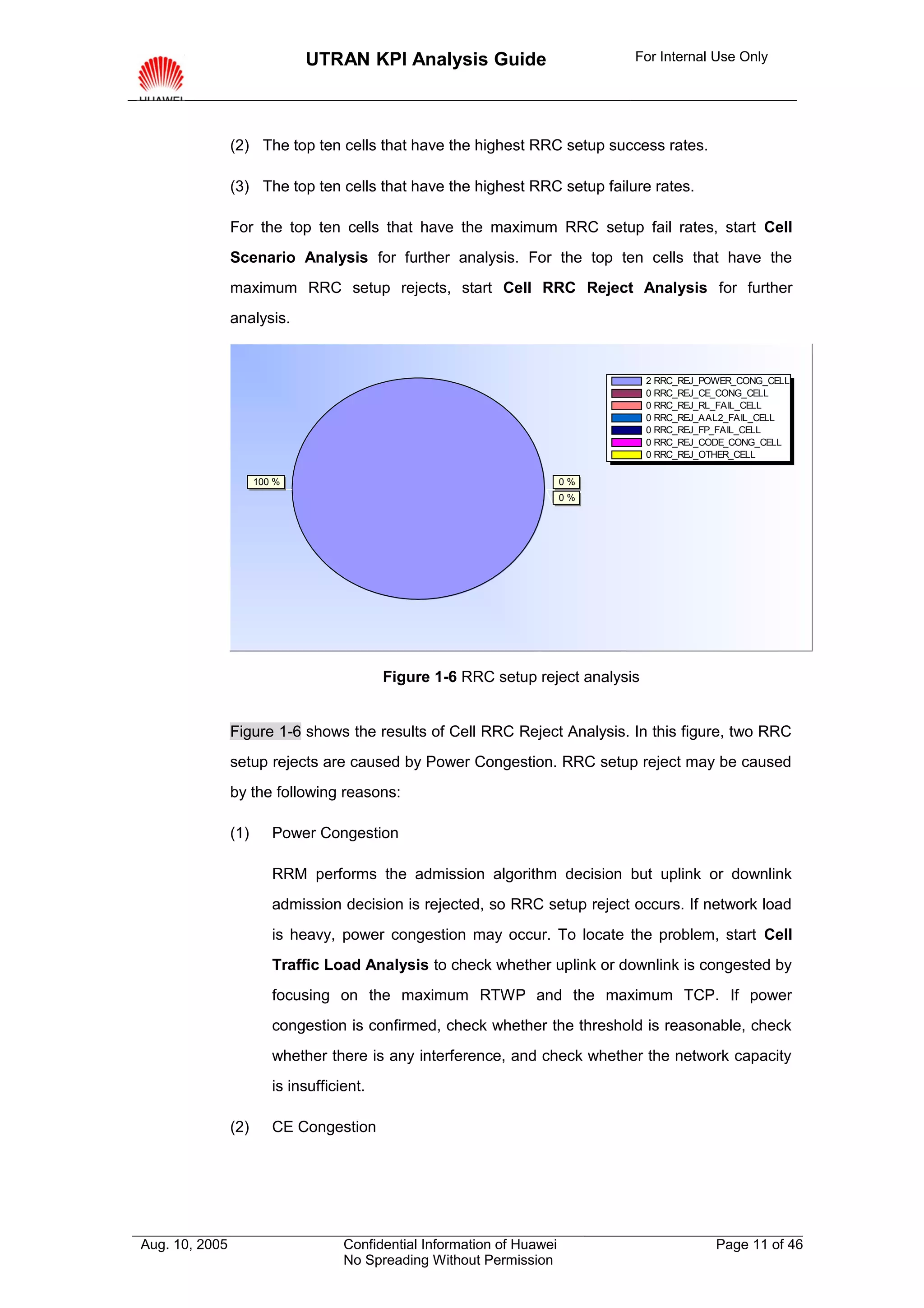 UTRAN KPI Analysis Guide                         For Internal Use Only




                (2) The top ten cells that have the highest RRC setup success rates.

                (3) The top ten cells that have the highest RRC setup failure rates.

                For the top ten cells that have the maximum RRC setup fail rates, start Cell
                Scenario Analysis for further analysis. For the top ten cells that have the
                maximum RRC setup rejects, start Cell RRC Reject Analysis for further
                analysis.


                                                                                   2 RRC_REJ_POWER_CONG_CELL
                                                                                   0 RRC_REJ_CE_CONG_CELL
                                                                                   0 RRC_REJ_RL_FAIL_CELL
                                                                                   0 RRC_REJ_AAL2_FAIL_CELL
                                                                                   0 RRC_REJ_FP_FAIL_CELL
                                                                                   0 RRC_REJ_CODE_CONG_CELL
                                                                                   0 RRC_REJ_OTHER_CELL

                      100 %                                               0%
                                                                          0%




                                            Figure 1-6 RRC setup reject analysis


                Figure 1-6 shows the results of Cell RRC Reject Analysis. In this figure, two RRC
                setup rejects are caused by Power Congestion. RRC setup reject may be caused
                by the following reasons:

                (1)      Power Congestion

                         RRM performs the admission algorithm decision but uplink or downlink
                         admission decision is rejected, so RRC setup reject occurs. If network load
                         is heavy, power congestion may occur. To locate the problem, start Cell
                         Traffic Load Analysis to check whether uplink or downlink is congested by
                         focusing on the maximum RTWP and the maximum TCP. If power
                         congestion is confirmed, check whether the threshold is reasonable, check
                         whether there is any interference, and check whether the network capacity
                         is insufficient.

                (2)      CE Congestion




Aug. 10, 2005                        Confidential Information of Huawei                        Page 11 of 46
                                     No Spreading Without Permission
 