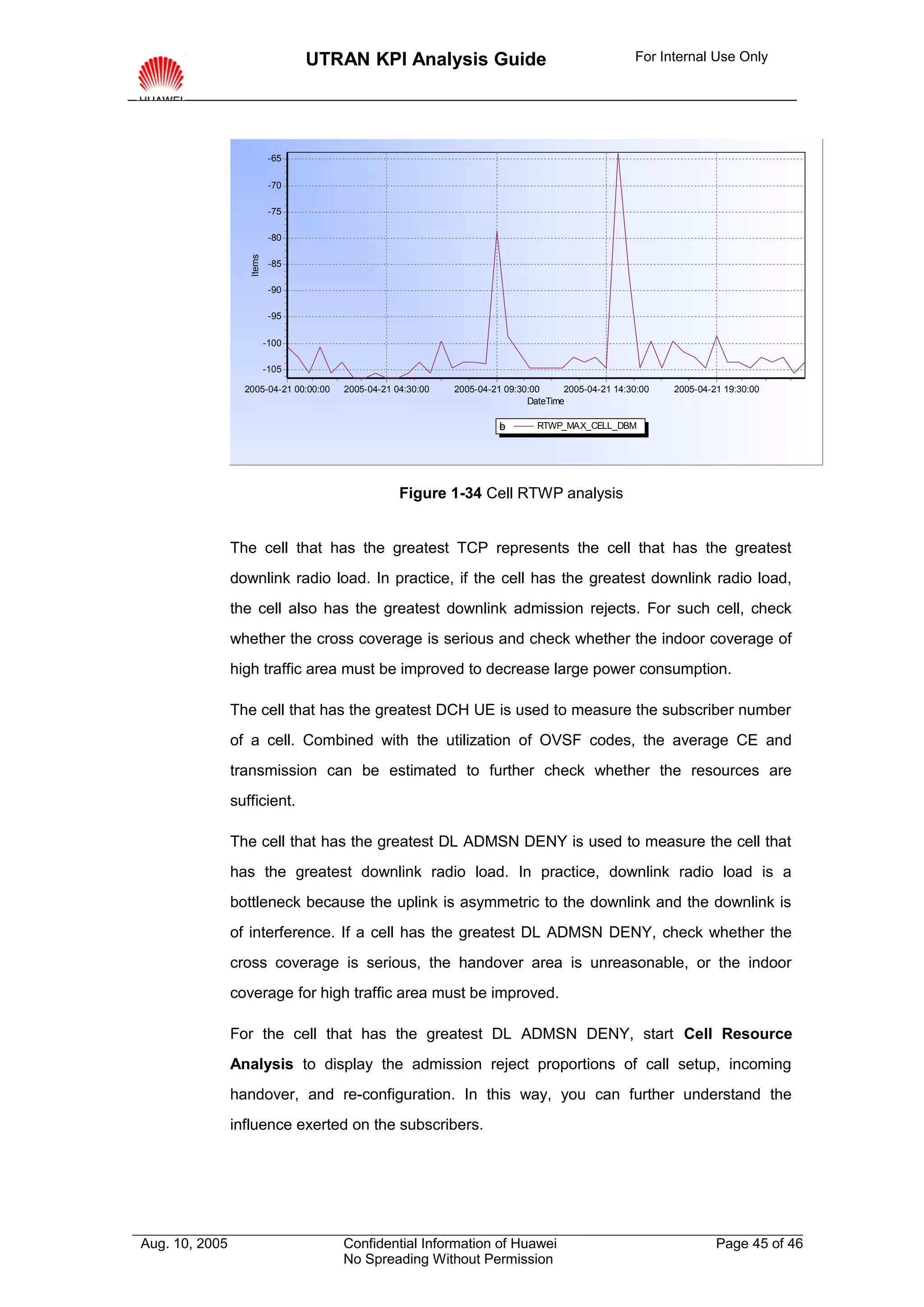 UTRAN KPI Analysis Guide                                           For Internal Use Only




                            -65

                            -70

                            -75

                            -80
                   Items
                            -85

                            -90

                            -95

                           -100

                           -105

                  2005-04-21 00:00:00   2005-04-21 04:30:00   2005-04-21 09:30:00     2005-04-21 14:30:00   2005-04-21 19:30:00
                                                                              DateTime

                                                                       b
                                                                       c
                                                                       d
                                                                       e
                                                                       f
                                                                       g        RTWP_MAX_CELL_DBM




                                                    Figure 1-34 Cell RTWP analysis


                The cell that has the greatest TCP represents the cell that has the greatest
                downlink radio load. In practice, if the cell has the greatest downlink radio load,
                the cell also has the greatest downlink admission rejects. For such cell, check
                whether the cross coverage is serious and check whether the indoor coverage of
                high traffic area must be improved to decrease large power consumption.

                The cell that has the greatest DCH UE is used to measure the subscriber number
                of a cell. Combined with the utilization of OVSF codes, the average CE and
                transmission can be estimated to further check whether the resources are
                sufficient.

                The cell that has the greatest DL ADMSN DENY is used to measure the cell that
                has the greatest downlink radio load. In practice, downlink radio load is a
                bottleneck because the uplink is asymmetric to the downlink and the downlink is
                of interference. If a cell has the greatest DL ADMSN DENY, check whether the
                cross coverage is serious, the handover area is unreasonable, or the indoor
                coverage for high traffic area must be improved.

                For the cell that has the greatest DL ADMSN DENY, start Cell Resource
                Analysis to display the admission reject proportions of call setup, incoming
                handover, and re-configuration. In this way, you can further understand the
                influence exerted on the subscribers.




Aug. 10, 2005                           Confidential Information of Huawei                                           Page 45 of 46
                                        No Spreading Without Permission
 