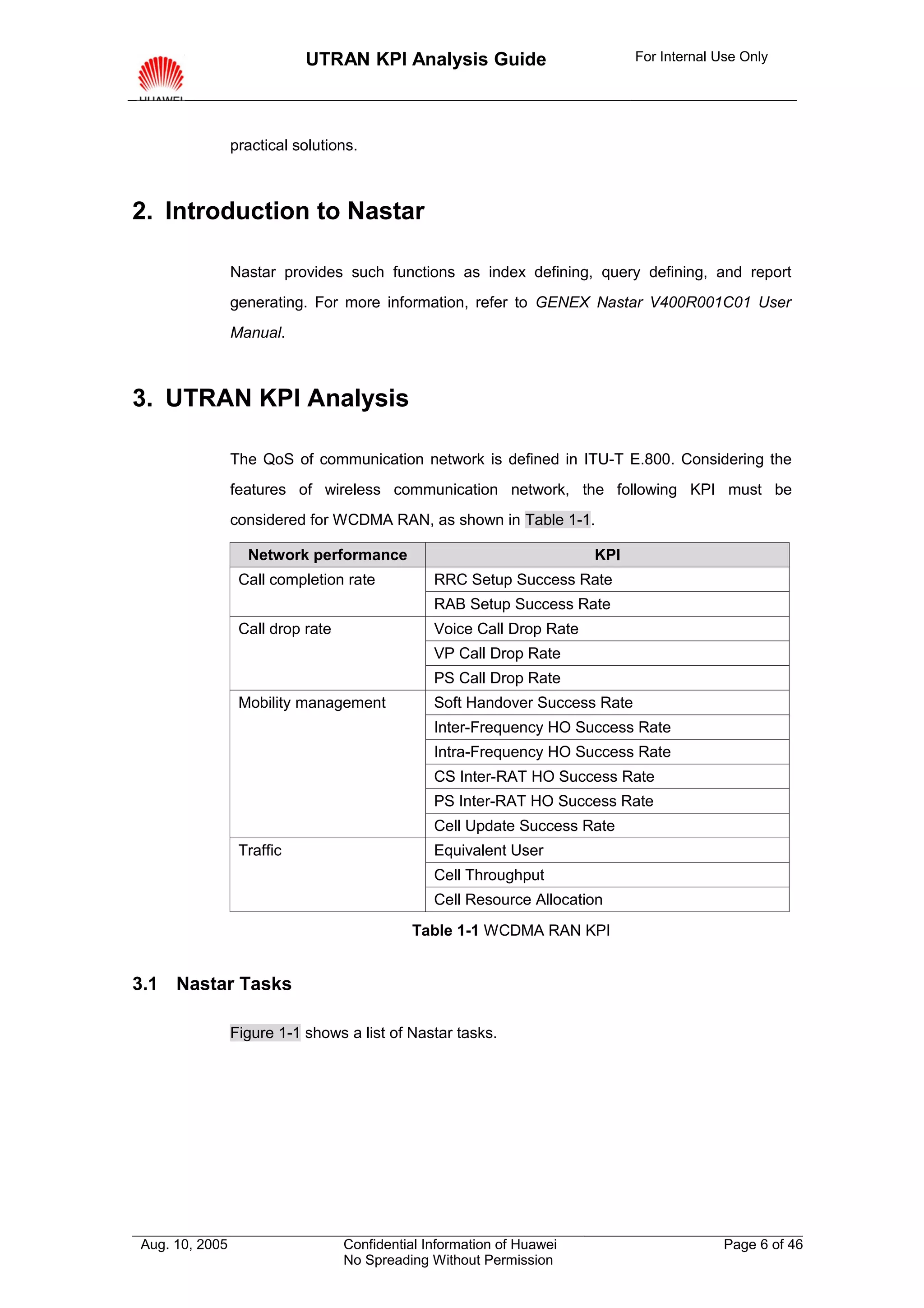UTRAN KPI Analysis Guide                          For Internal Use Only




                practical solutions.



2. Introduction to Nastar

                Nastar provides such functions as index defining, query defining, and report
                generating. For more information, refer to GENEX Nastar V400R001C01 User
                Manual.



3. UTRAN KPI Analysis

                The QoS of communication network is defined in ITU-T E.800. Considering the
                features of wireless communication network, the following KPI must be
                considered for WCDMA RAN, as shown in Table 1-1.

                  Network performance                                  KPI
                 Call completion rate           RRC Setup Success Rate
                                                RAB Setup Success Rate
                 Call drop rate                 Voice Call Drop Rate
                                                VP Call Drop Rate
                                                PS Call Drop Rate
                 Mobility management            Soft Handover Success Rate
                                                Inter-Frequency HO Success Rate
                                                Intra-Frequency HO Success Rate
                                                CS Inter-RAT HO Success Rate
                                                PS Inter-RAT HO Success Rate
                                                Cell Update Success Rate
                 Traffic                        Equivalent User
                                                Cell Throughput
                                                Cell Resource Allocation
                                            Table 1-1 WCDMA RAN KPI


3.1 Nastar Tasks

                Figure 1-1 shows a list of Nastar tasks.




Aug. 10, 2005                     Confidential Information of Huawei                       Page 6 of 46
                                  No Spreading Without Permission
 