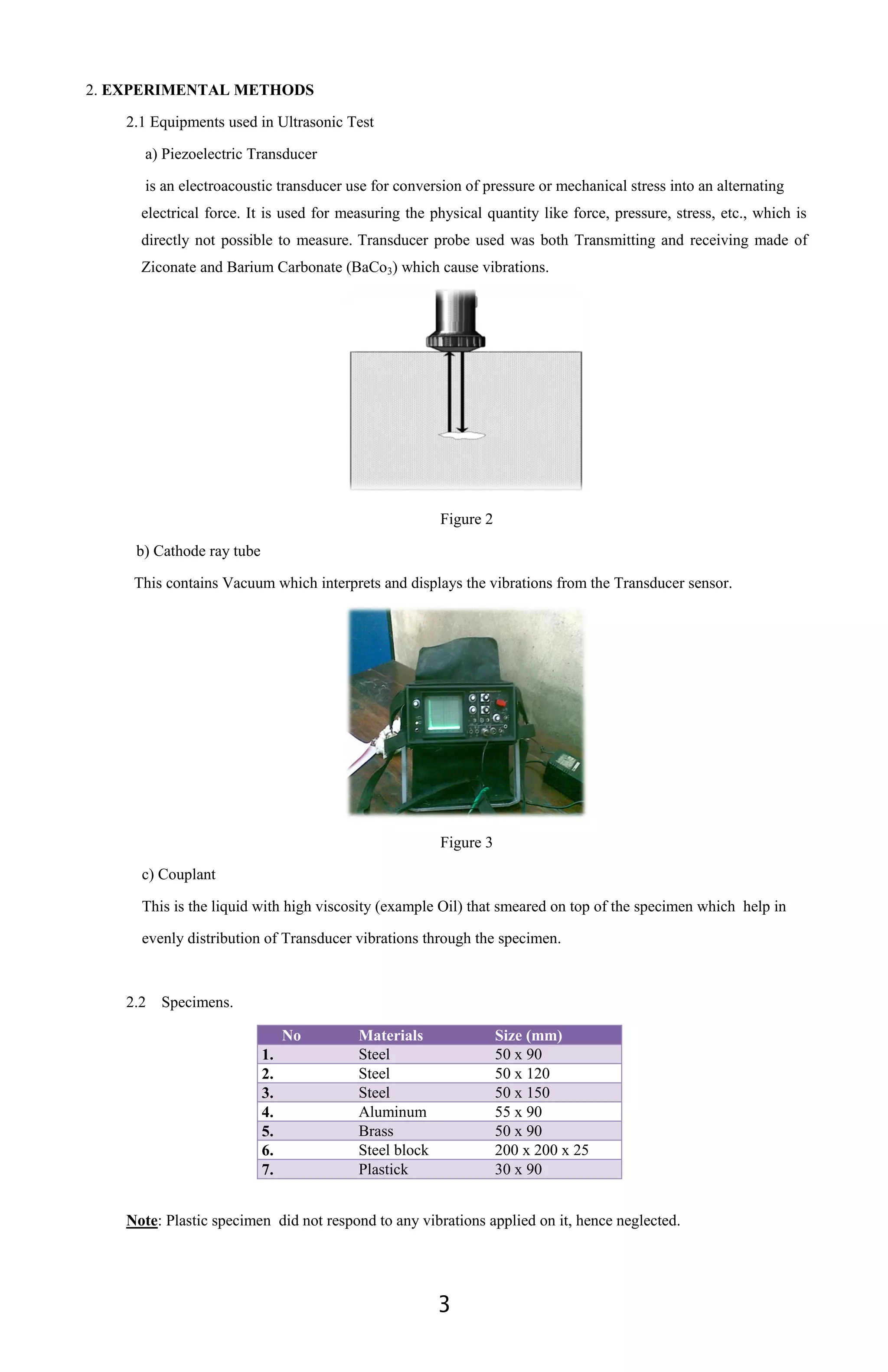3
2. EXPERIMENTAL METHODS
2.1 Equipments used in Ultrasonic Test
a) Piezoelectric Transducer
is an electroacoustic transducer use for conversion of pressure or mechanical stress into an alternating
electrical force. It is used for measuring the physical quantity like force, pressure, stress, etc., which is
directly not possible to measure. Transducer probe used was both Transmitting and receiving made of
Ziconate and Barium Carbonate (BaCo3) which cause vibrations.
Figure 2
b) Cathode ray tube
This contains Vacuum which interprets and displays the vibrations from the Transducer sensor.
Figure 3
c) Couplant
This is the liquid with high viscosity (example Oil) that smeared on top of the specimen which help in
evenly distribution of Transducer vibrations through the specimen.
2.2 Specimens.
No Materials Size (mm)
1. Steel 50 x 90
2. Steel 50 x 120
3. Steel 50 x 150
4. Aluminum 55 x 90
5. Brass 50 x 90
6. Steel block 200 x 200 x 25
7. Plastick 30 x 90
Note: Plastic specimen did not respond to any vibrations applied on it, hence neglected.
 