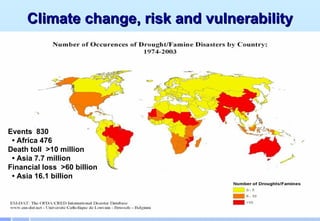 Climate change, risk and vulnerability




Events 830
 • Africa 476
Death toll >10 million
 • Asia 7.7 million
Financial loss >60 billion
 • Asia 16.1 billion
 