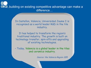 …building on existing competitive advantage can make a
                      difference…


      In Castellon, Valencia, Universidad Jaume I is
       recognised as a world leader R&D in the tile
                         industry.

         It has helped to transform the region’s
       traditional industry. The growth is built on
      technology transfer, spin-offs and upgrading
                 of existing technologies.

      – Today, Valencia is a global leader in the tiles
                  and ceramics industry.

                         Source: the Valencia Region SER
 