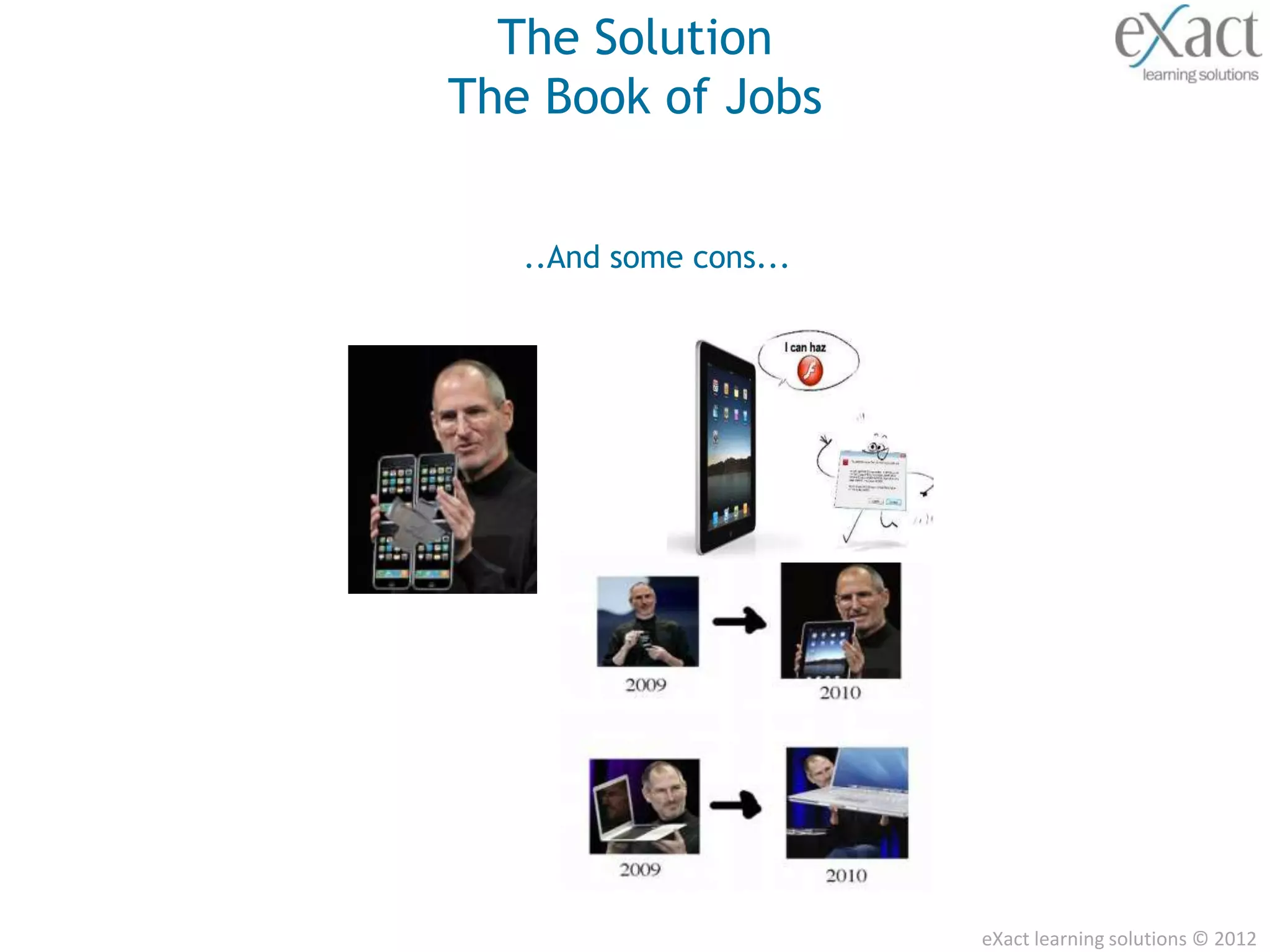 The Solution
The Book of Jobs


   ..And some cons...




                        eXact learning solutions © 2012
 