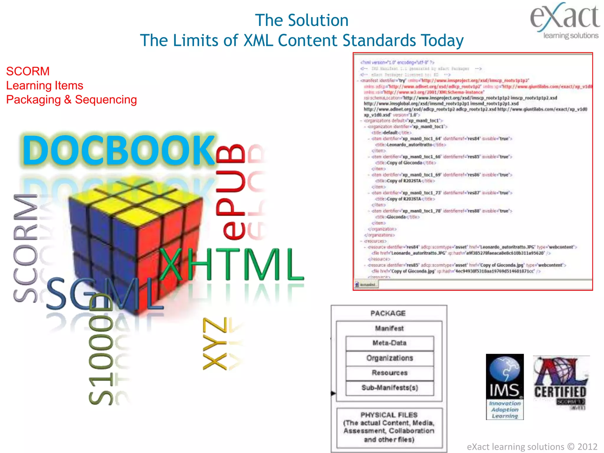 The Solution
                         The Limits of XML Content Standards Today
SCORM
Learning Items
Packaging & Sequencing




  DOCBOOK




                                                                     eXact learning solutions © 2012
 