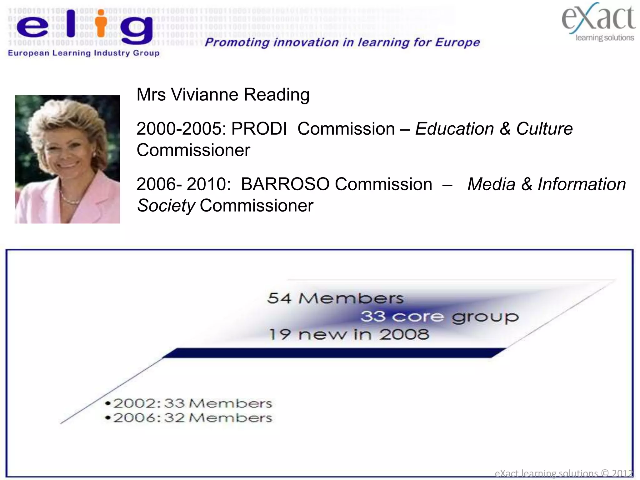 Mrs Vivianne Reading
2000-2005: PRODI Commission – Education & Culture
Commissioner
2006- 2010: BARROSO Commission – Media & Information
Society Commissioner
2010-2015: BARROSO Commission – Legal Affairs
Commissioner




                                        eXact learning solutions © 2012
 