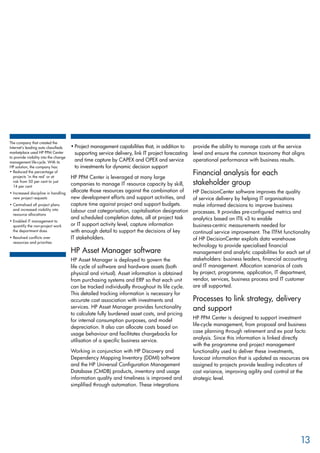Project management capabilities that, in addition to•	
supporting service delivery, link IT project forecasting
and time capture by CAPEX and OPEX and service
to investments for dynamic decision support
HP PPM Center is leveraged at many large
companies to manage IT resource capacity by skill,
allocate those resources against the combination of
new development efforts and support activities, and
capture time against project and support budgets.
Labour cost categorisation, capitalisation designation
and scheduled completion dates, all at project task
or IT support activity level, capture information
with enough detail to support the decisions of key
IT stakeholders.
HP Asset Manager software
HP Asset Manager is deployed to govern the
life cycle of software and hardware assets (both
physical and virtual). Asset information is obtained
from purchasing systems and ERP so that each unit
can be tracked individually throughout its life cycle.
This detailed tracking information is necessary for
accurate cost association with investments and
services. HP Asset Manager provides functionality
to calculate fully burdened asset costs, and pricing
for internal consumption purposes, and model
depreciation. It also can allocate costs based on
usage behaviour and facilitates chargebacks for
utilisation of a specific business service.
Working in conjunction with HP Discovery and
Dependency Mapping Inventory (DDMI) software
and the HP Universal Configuration Management
Database (CMDB) products, inventory and usage
information quality and timeliness is improved and
simplified through automation. These integrations
provide the ability to manage costs at the service
level and ensure the common taxonomy that aligns
operational performance with business results.
Financial analysis for each
stakeholder group
HP DecisionCenter software improves the quality
of service delivery by helping IT organisations
make informed decisions to improve business
processes. It provides pre-configured metrics and
analytics based on ITIL v3 to enable
business-centric measurements needed for
continual service improvement. The ITFM functionality
of HP DecisionCenter exploits data warehouse
technology to provide specialised financial
management and analytic capabilities for each set of
stakeholders: business leaders, financial accounting
and IT management. Allocation scenarios of costs
by project, programme, application, IT department,
vendor, services, business process and IT customer
are all supported.
Processes to link strategy, delivery
and support
HP PPM Center is designed to support investment
life-cycle management, from proposal and business
case planning through retirement and ex post facto
analysis. Since this information is linked directly
with the programme and project management
functionality used to deliver these investments,
forecast information that is updated as resources are
assigned to projects provide leading indicators of
cost variance, improving agility and control at the
strategic level.
13
The company that created the
Internet’s leading auto classifieds
marketplace used HP PPM Center
to provide visibility into the change
management life-cycle. With its
HP solution, the company has:
• Reduced the percentage of
projects ‘in the red’ or at
risk from 50 per cent to just
14 per cent
• Increased discipline in handling
new project requests
• Centralised all project plans
and increased visibility into
resource allocations
• Enabled IT management to
quantify the non-project work
the department does
• Resolved conflicts over
resources and priorities
 