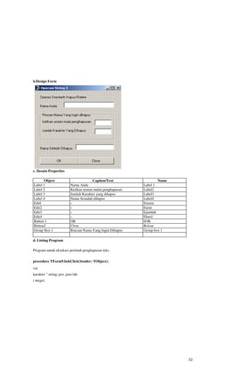 b.Design Form




            Gambar 7.4 Design Form Hapus Text


c. Desain Properties

      Object                            Caption/Text                 Name
Label 1                   Nama Anda                          Label 1
Label 2                   Ketikan urutan mulai penghapusan   Label2
Label 3                   Jumlah Karakter yang dihapus       Label3
Label 4                   Nama Sesudah dihapus               Label4
Editl                     -                                  Enama
Edit2                     -                                  Eurut
Edit3                     -                                  Ejumlah
Edit4                     -                                  Ehasil
Button 1                  OK                                 bOK
Button2                   Close                              Bclose
Group Box 1               Rincian Nama Yang Ingin Dihapus    Group box 1

d. Listing Program

Program untuk eksekusi perintah penghapusan teks.

procedure TForm9.bokClick(Sender: TObject);
var
karakter ".string; pos ,jum lah:
i nteger;




                                                                            52
 