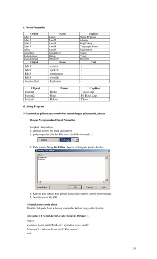 c. Desain Properties

      Object                      Name                          Caption
Label 1                  Label 1                        Nama Pegawai
Label 2                  Label2                         Jabatan
Label 3                  Label3                         Gaji Pokok
Label 4                  Label4                         Tunjangan Status
Label5                   Label5                         Gaji Bersih
GroupBox                 GroupBoxl                      Status
RadioButtonl             Rtetap                         Tetap
RadioButton2             Rhonorer                       Honorer
      Object                      Name                            Text




      Contoh



d. Listing Program

> Memberikan pilihan pada combo box sesuai dengan piihan pada jabatan

      Dengan Menggunakan Object Properties

      Langkah - langkahnya
      1. aktifkan combo box yang akan dipilih
      2. pada properties pilih dan klik item, lalu klik command (...)




      3. Pada jendela String list Editor, Seperti terlihat pada jendela berikut




      4. Ketikan kata sebagai kata pilihan pada jendela seperti contoh tersebut diatas.
      5. Setelah selesai klik OK

   Melalui jendela code editor
   Double click pada form, sebarang tempat dan ketikan program berikut ini.

    procedure TForml.FormCreate(Sender: TObject);
    begin
   cjabatan.Items.Add('Direktur'); cjabatan.Items. Add('
   Manager'); cjabatan.Items.Add(' Karyawan');
   end;




                                                                                          29
 