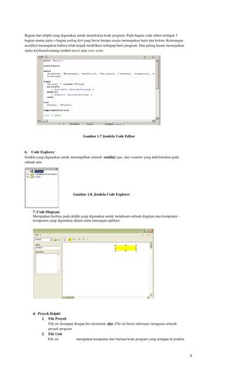 Bagian dari delphi yang digunakan untuk menuliskan kode program. Pada bagian code editor terdapat 3
bagian utama yaitu = bagian paling kiri yang berisi berupa angka menunjukan baris dan kolom. Keterangan
modified menunjukan bahwa telah terjadi modifikasi terhapap baris program. Dan paling kanan menunjukan
status keyboard tentang tombol insert atau over write.




                                      Gambar 1.7 Jendela Code Editor



6. Code Explorer
Jendela yang digunakan untuk menampilkan seluruh variabel, type, dan rountine yang didefinisikan pada
sebuah unit.




                               Gambar 1.8. Jendela Code Explorer



     7. Code Diagram
     Merupakan fasilitas pada delphi yang digunakan untuk mendesain sebuah diagram atas komponen -
     komponen yang digunakan dalam seatu rancangan aplikasi.




                                    Gambar 1.9. Jendela Code Diagram




     d. Proyek Delphi
          1. File Proyek
              File ini disimpan dengan ber-ekstenion .dpr. File ini berisi informasi mengenai seluruh
              proyek program
          2. File Unit
              File ini           merupakan kumpulan dari barisan kode program yang terdapat di jendela



                                                                                                          9
 
