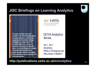 JISC Briefings on Learning Analytics

http://publications.cetis.ac.uk/c/analytics

100

 