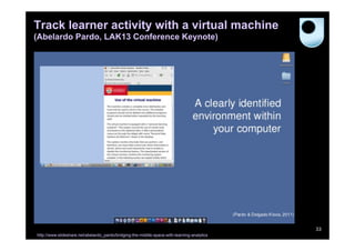 Track learner activity with a virtual machine
(Abelardo Pardo, LAK13 Conference Keynote)

33
http://www.slideshare.net/abelardo_pardo/bridging-the-middle-space-with-learning-analytics

 