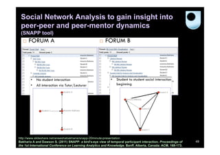 Social Network Analysis to gain insight into
peer-peer and peer-mentor dynamics
(SNAPP tool)

http://www.slideshare.net/aneeshabakharia/snapp-20minute-presentation
Bakharia A and Dawson S. (2011) SNAPP: a bird's-eye view of temporal participant interaction. Proceedings of
the 1st International Conference on Learning Analytics and Knowledge. Banff, Alberta, Canada: ACM, 168-173.

49

 