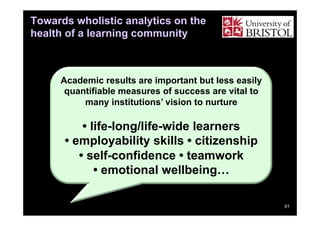 Towards wholistic analytics on the
health of a learning community

Academic results are important but less easily
quantifiable measures of success are vital to
many institutions’ vision to nurture

• life-long/life-wide learners
• employability skills • citizenship
• self-confidence • teamwork
• emotional wellbeing…
81

 