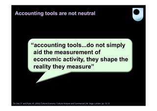 Accounting tools are not neutral

“accounting tools...do not simply
aid the measurement of
economic activity, they shape the
reality they measure”

Du Gay, P. and Pryke, M. (2002) Cultural Economy: Cultural Analysis and Commercial Life. Sage, London. pp. 12-13

 