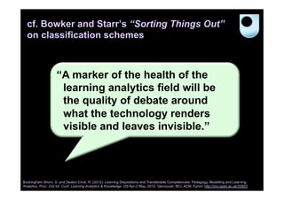 cf. Bowker and Starr’s “Sorting Things Out”
on classification schemes

“A marker of the health of the
learning analytics field will be
the quality of debate around
what the technology renders
visible and leaves invisible.”

Buckingham Shum, S. and Deakin Crick, R. (2012). Learning Dispositions and Transferable Competencies: Pedagogy, Modelling and Learning
Analytics. Proc. 2nd Int. Conf. Learning Analytics & Knowledge. (29 Apr-2 May, 2012, Vancouver, BC). ACM. Eprint: http://oro.open.ac.uk/32823

 