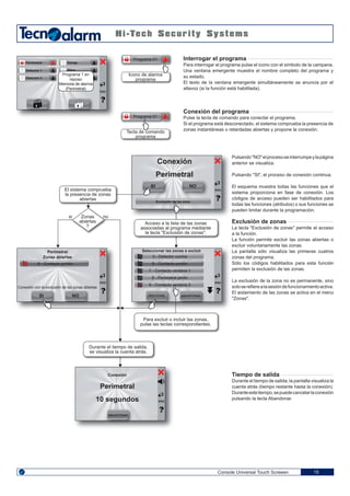 Perimetro ex
Console Universal Touch Screeen 15
Interrogar el programa
Para interrogar el programa pulse el icono con el símbolo de la campana.
Una ventana emergente muestra el nombre completo del programa y
su estado.
El texto de la ventana emergente simultáneamente se anuncia por el
altavoz (si la función está habilitada).
Conexión del programa
Pulse la tecla de comando para conectar el programa.
Si el programa está desconectado, el sistema comprueba la presencia de
zonas instantáneas o retardadas abiertas y propone la conexión.
Pulsando"NO"elprocesoseinterrumpeylapágina
anterior se visualiza.
Pulsando "SI", el proceso de conexión continua.
El esquema muestra todas las funciones que el
sistema proporciona en fase de conexión. Los
códigos de acceso pueden ser habilitados para
todas las funciones (atributos) o sus funciones se
pueden limitar durante la programación.
Exclusión de zonas
La tecla "Exclusión de zonas" permite el acceso
a la función.
La función permite excluir las zonas abiertas o
excluir voluntariamente las zonas.
La pantalla sólo visualiza las primeras cuatros
zonas del programa.
Sólo los códigos habilitados para esta función
permiten la exclusión de las zonas.
La exclusión de la zona no es permanente, sino
soloserefierealasesióndefuncionamientoactiva.
El aislamiento de las zonas se activa en el menú
"Zonas".
Tiempo de salida
Durante el tiempo de salida, la pantalla visualiza la
cuenta atrás (tiempo restante hasta la conexión).
Duranteestetiempo,sepuedecancelarlaconexión
pulsando la tecla Abandonar.
ENG
Perimetral
Detector 1
Detector 2
Garaje
Ático
Tecla de comando
programa
Programa 01
Icono de alarma
programa
Programa 01
Programa 1 en
reposo
Memoria de alarma
(Perimetral)
Conexión
Perimetral
Exclusión de las zona
SI NO
ENGEl sistema comprueba
la presencia de zonas
abiertas
Zonas
abiertas
?
si no
Acceso a la lista de las zonas
associadas al programa mediante
la tecla "Exclusión de zonas".
SI NO
ENG ENG
Para excluir o incluir las zonas,
pulse las teclas correspondientes.
Durante el tiempo de salida,
se visualiza la cuenta atrás.
3 - Detector cocina
6 - Contacto portón
9 - Contacto ventana 2
7 - Contacto ventana 1
8 - Perimetral jardin
PROCEDER ABANDONAR
Seleccionar las zonas a excluirPerimetral
Zonas abiertas
6 - Contacto portón
Conexión con la exclusión de las zonas abiertas
ENG
ABANDONAR
Perimetral
10 segundos
Conexión
 